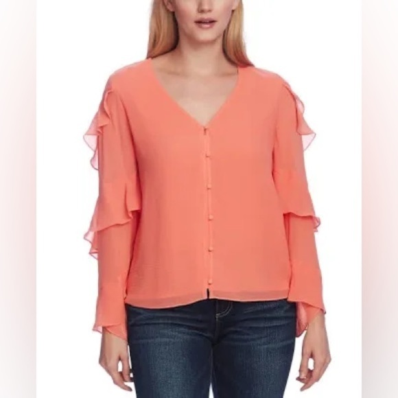 Vince Camuto | Peach Ruffle Sleeve V-Neck Chiffon Button Front Blouse, Medium - Picture 2 of 7